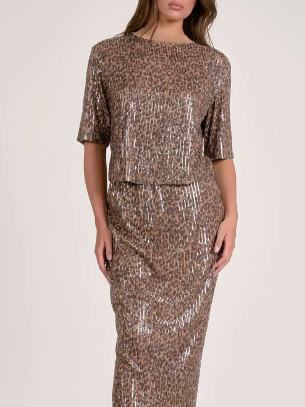 Elan Sequin Crewneck Top-Cheetah - L - NWT
